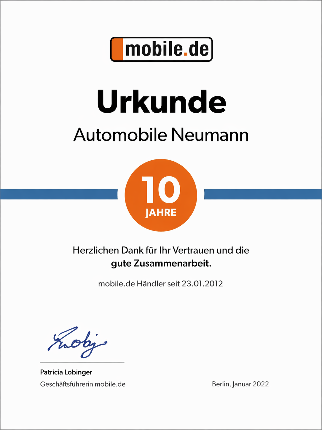 Zertifikat 10 Jahre – mobile.de 10